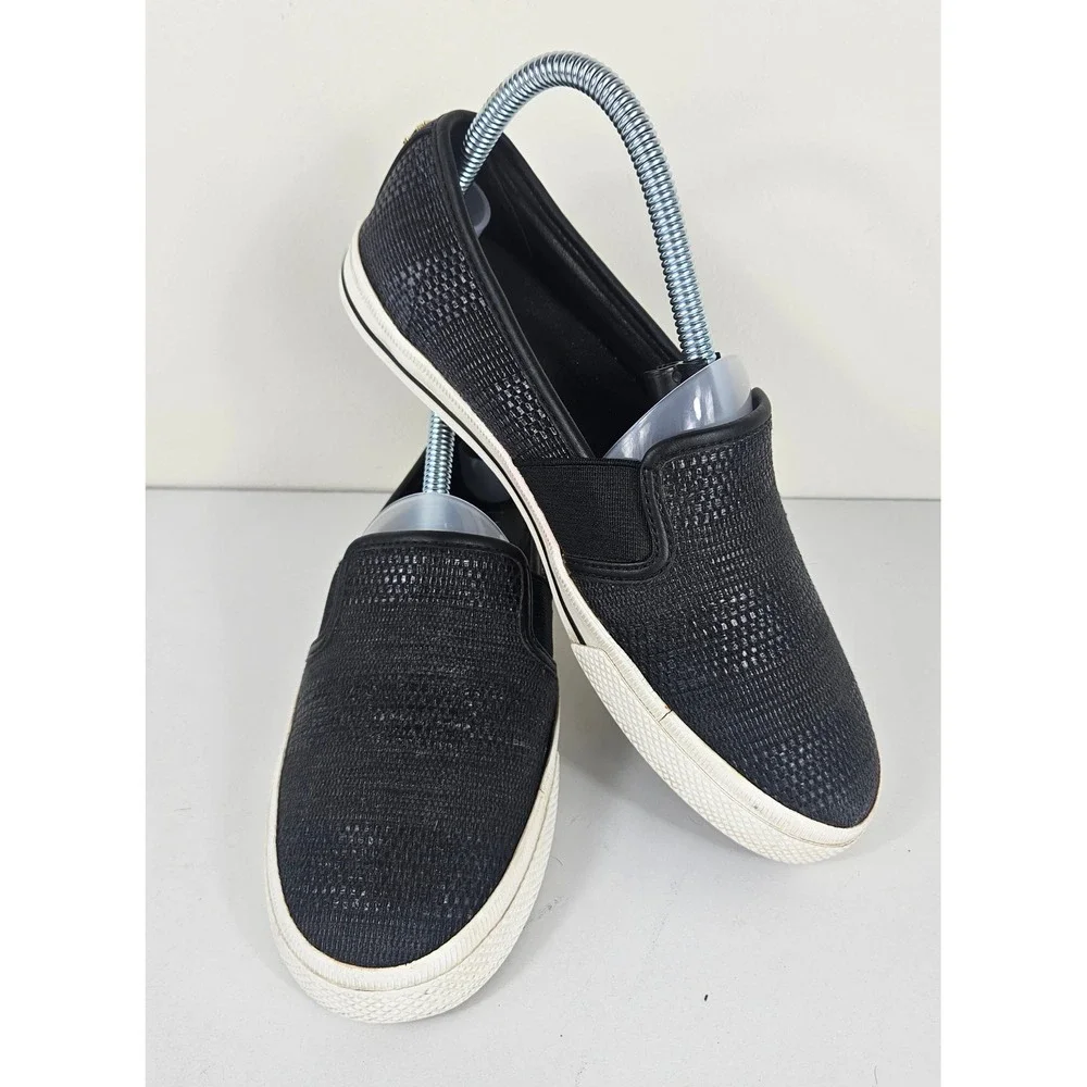 LRL Lauren Ralph Lauren Jinny Womens 7 Black Slip On Sneakers Shoes Gold Logo